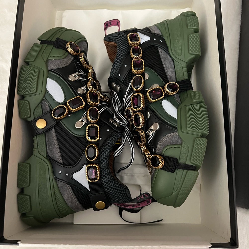 Gucci Green Journey Flashtrek Purple Jewel Crystal Lace Up Hiker Boot 38
